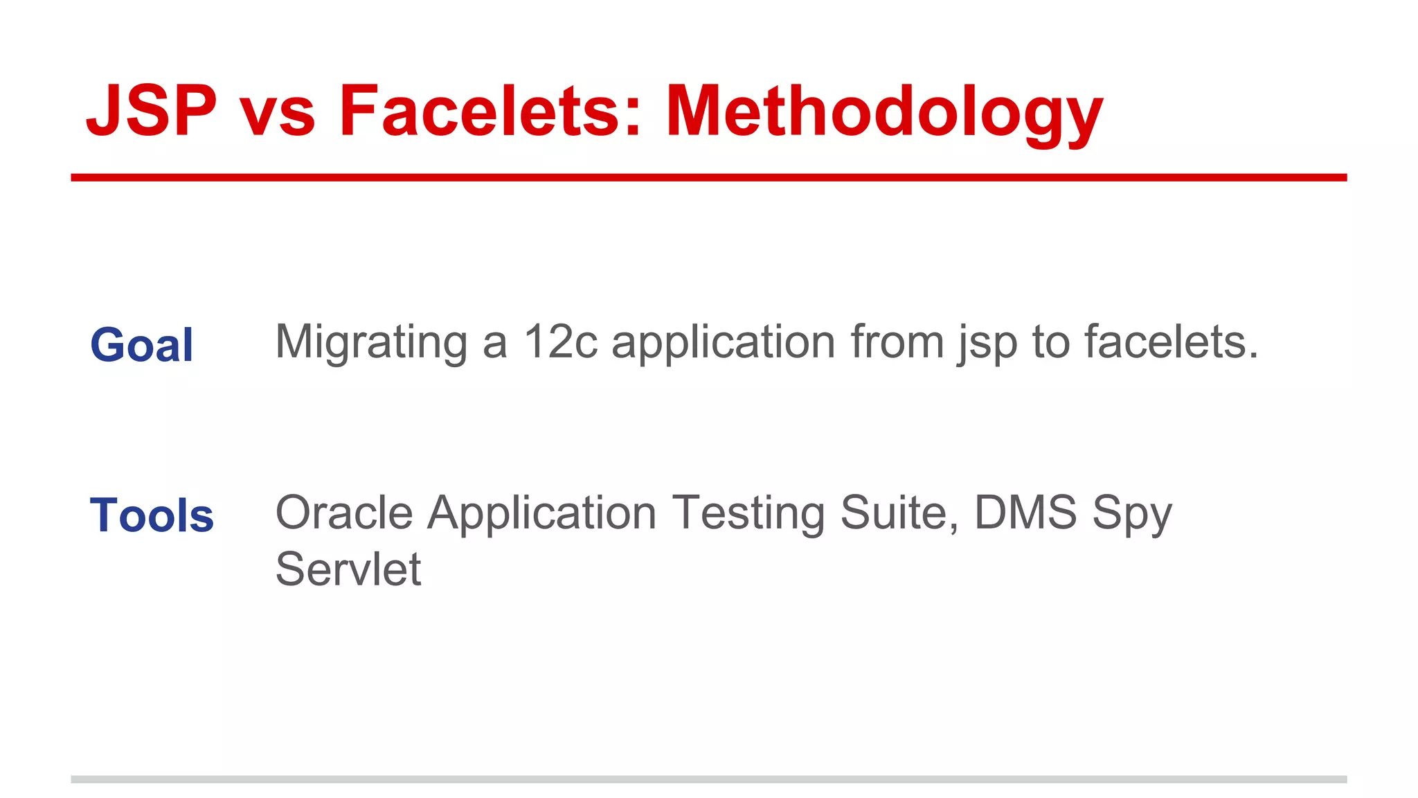 JSP vs Facelets: Methodology 
Goal 
Tools 
Migrating a 12c application from jsp to facelets. 
Oracle Application Testing Suite, DMS Spy 
Servlet 
 