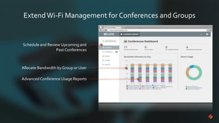 ExtendWi-Fi Management for Conferences and Groups
Allocate Bandwidth by Group or User
Advanced Conference Usage Reports
Schedule and Review Upcoming and
Past Conferences
 