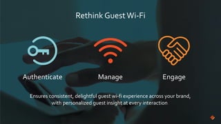 Ensures consistent, delightful guest wi-fi experience across your brand,
with personalized guest insight at every interaction.
Authenticate Manage Engage
Rethink Guest Wi-Fi
 