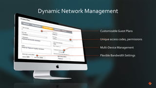 Dynamic Network Management
Multi-Device Management
Unique access codes, permissions
Flexible Bandwidth Settings
Customizable Guest Plans
 