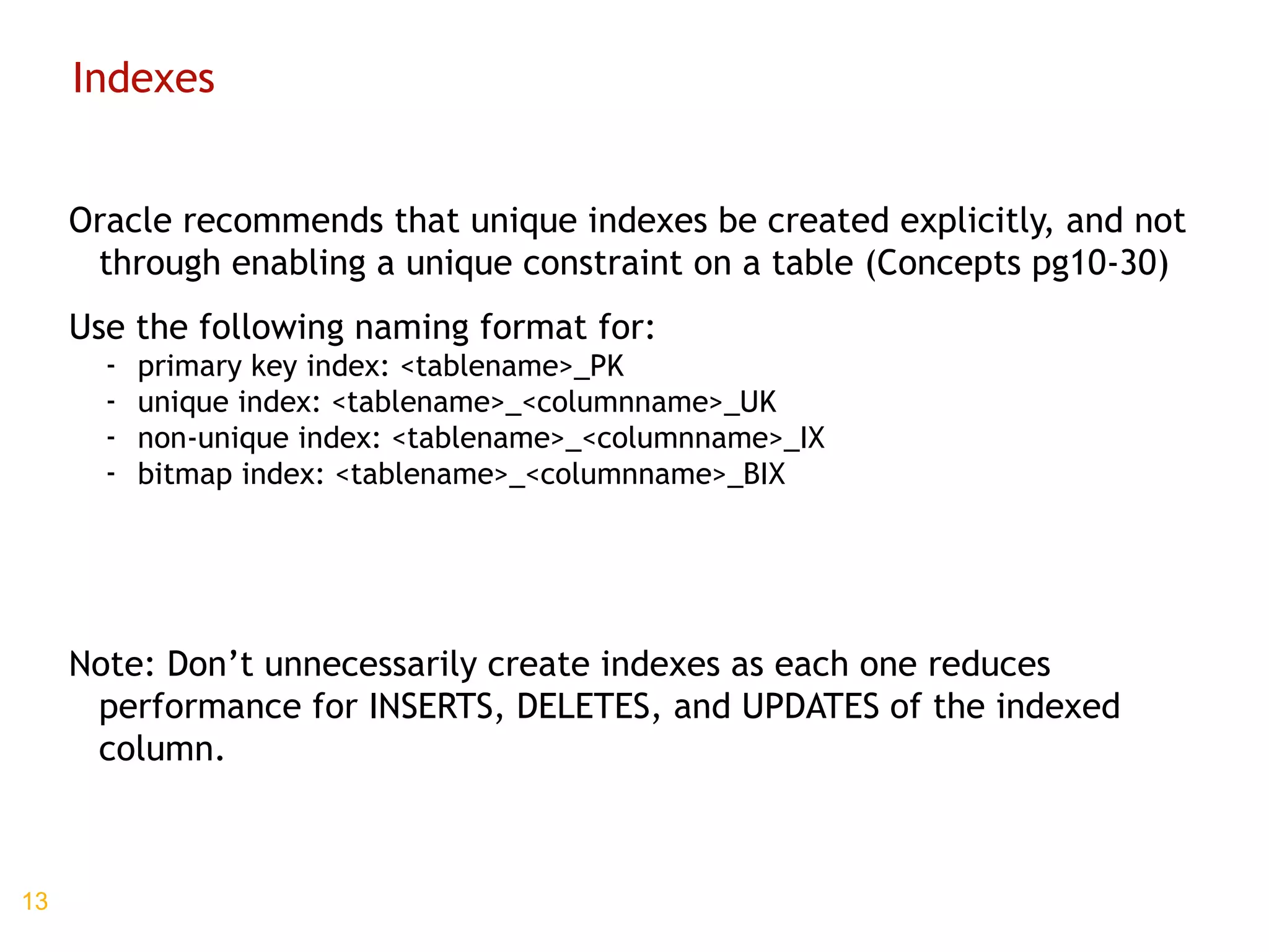 Indexes Oracle recommends that unique indexes be created explicitly, and not through enabling a unique constraint on a table (Concepts pg10-30) Use the following naming format for: primary key index: <tablename>_PK unique index: <tablename>_<columnname>_UK non-unique index: <tablename>_<columnname>_IX bitmap index: <tablename>_<columnname>_BIX Note: Don’t unnecessarily create indexes as each one reduces performance for INSERTS, DELETES, and UPDATES of the indexed column. 
