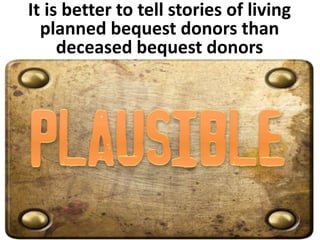 It is better to tell stories of living 
planned bequest donors than 
deceased bequest donors 
 