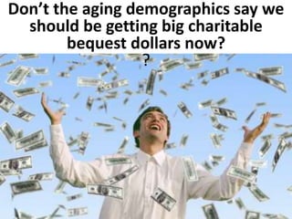 Don’t the aging demographics say we 
should be getting big charitable 
bequest dollars now? 
? 
 