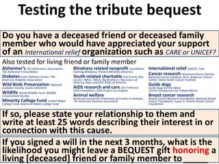 Connection reminder + tribute 
bequest offer can be “stacked” 
with other bequest messages 
Change in charitable bequest i...
