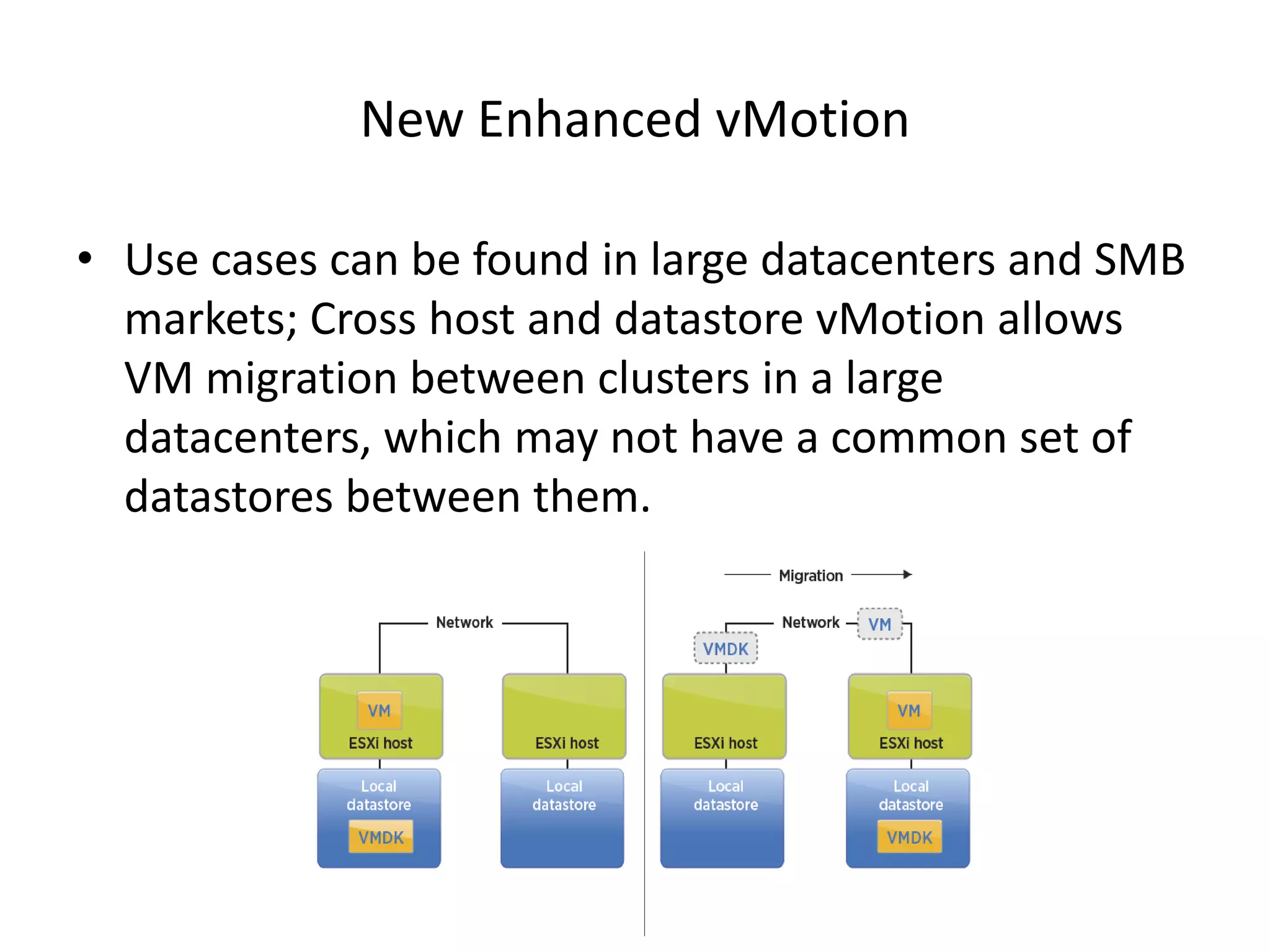 New Enhanced vMotion

• Use cases can be found in large datacenters and SMB
  markets; Cross host and datastore vMotion allows
  VM migration between clusters in a large
  datacenters, which may not have a common set of
  datastores between them.
 