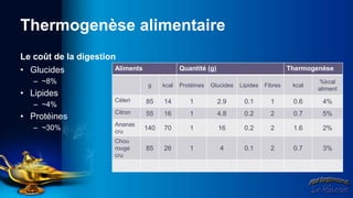Thermogenèse alimentaire
Le coût de la digestion
• Glucides             Aliments                Quantité (g)                              Thermogenèse
   – ~8%                           g    kcal   Protéines   Glucides   Lipides   Fibres    kcal
                                                                                                 %kcal
                                                                                                 aliment
• Lipides
                       Céleri     85    14        1           2.9      0.1        1       0.6     4%
   – ~4%
                       Citron     55    16        1           4.8      0.2        2       0.7     5%
• Protéines
                       Ananas
   – ~30%              cru
                                  140   70        1           16       0.2        2       1.6     2%
                       Chou
                       rouge      85    26        1           4        0.1        2       0.7     3%
                       cru
 