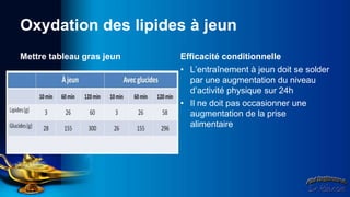 Oxydation des lipides à jeun
Mettre tableau gras jeun   Efficacité conditionnelle
                           • L’entraînement à jeun doit se solder
                             par une augmentation du niveau
                             d’activité physique sur 24h
                           • Il ne doit pas occasionner une
                             augmentation de la prise
                             alimentaire
 
