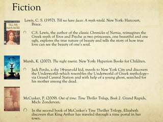 Fiction
  Lewis, C. S. (1957). Till we have faces: A myth retold. New York: Harcourt,
      Brace.

       C.S. Lewis, the author of the classic Chronicles of Narnia, reimagines the
       Greek myth of Eros and Psyche as two princesses, one beautiful and one
       ugly, explores the true nature of beauty and tells the story of how true
       love can see the beauty of one’s soul.



  Marsh, K. (2007). The night tourist. New York: Hyperion Books for Children.

       Jack Perdu, a shy 14-year-old kid, travels to New York City and discovers
       the Underworld—which resembles the Underworld of Greek mythology—
       via Grand Central Station and with help of a young ghost, searched for
       his mother among the dead.



  McCusker, P. (2009). Out of time: Time Thriller Trilogy, Book 2. Grand Rapids,
     Mich: Zondervan.

       In the second book of McCusker’s Tine Thriller Trilogy, Elizabeth
       discovers that King Arthur has traveled through a time portal in her
       town.
 