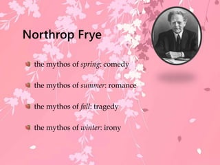 Northrop Frye
the mythos of spring: comedy
the mythos of summer: romance
the mythos of fall: tragedy
the mythos of winter: irony
 