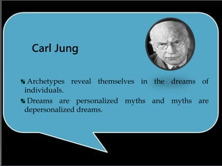 Carl Jung
Archetypes reveal themselves in the dreams of
individuals.
Dreams are personalized myths and myths are
depersonalized dreams.
 