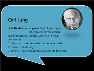 Carl Jung
Individuation – a psychological growing up
- the process of recognition
(e.g Frankenstein, Young Good Man Brown)
Archetypes:
1. Shadow – darker side of our unconscious self
2. Anima – “soul-image”
3. Persona – actor’s mask that we show to the world
 