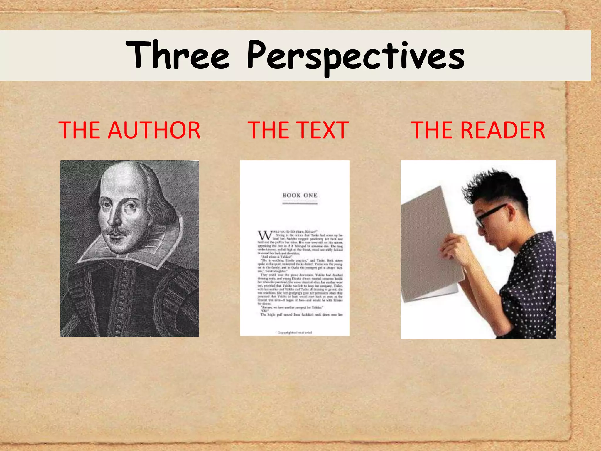 Three Perspectives
THE AUTHOR   THE TEXT   THE READER
 