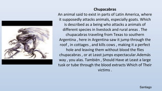 Chupacabras
An animal said to exist in parts of Latin America, where
it supposedly attacks animals, especially goats. Which
is described as a being who attacks a animals of
different species in livestock and rural areas . The
chupacabras traveling from Texas to southern
Argentina , here in Argentina saw it jump through the
roof , in cottages , and kills cows , making it a perfect
hole and leaving them without blood the flies
chupacabras , or at Least jumps espectacular.Además
way , you alas. También , Should Have at Least a large
tusk or tube through the blood extracts Which of Their
victims .
Santiago
 