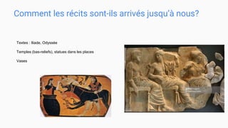 Comment les récits sont-ils arrivés jusqu’à nous?
Textes : Iliade, Odyssée
Temples (bas-reliefs), statues dans les places
Vases
 