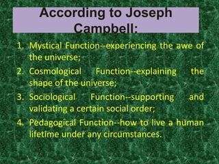 According to Joseph
         Campbell:
1. Mystical Function--experiencing the awe of
   the universe;
2. Cosmological Function--explaining the
   shape of the universe;
3. Sociological    Function--supporting  and
   validating a certain social order;
4. Pedagogical Function--how to live a human
   lifetime under any circumstances.
 