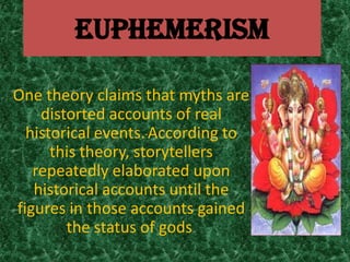 EUPHEMERISM

One theory claims that myths are
    distorted accounts of real
  historical events. According to
      this theory, storytellers
   repeatedly elaborated upon
   historical accounts until the
figures in those accounts gained
        the status of gods.
 