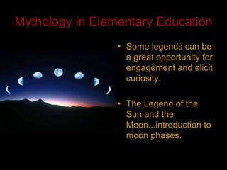 Myth and Storytelling in Special EducationDigital stories can enable educators to combine technologies and instructional practices to provide special needs students with means of expression while reinforcing socially acceptable behaviorsAllowing self-expression to special needs students through digital stories and myth-making can show that they are part of ourselves, with archetypes common to us all (empathy)Giving student ownership of the process and the product (hearing own voice in story or familiar settings) can enhance focus and learning
