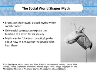 2.11 Pig figure. Wood, paint, and fiber. Early to mid-twentieth century. Papua New
Guinea, Prince Alexander Mountains, Middle Sepik River. Image copyright © The
Metropolitan Museum of Art. Image source: Art Resource, NY, ART500336.
• Bronislaw Malinowski placed myths within
social context
• Only social context can explain the
function of a myth for its society
• Myths can be ‘charters’: practical guides
about how to behave for the people who
hear them
The Social World Shapes Myth
 