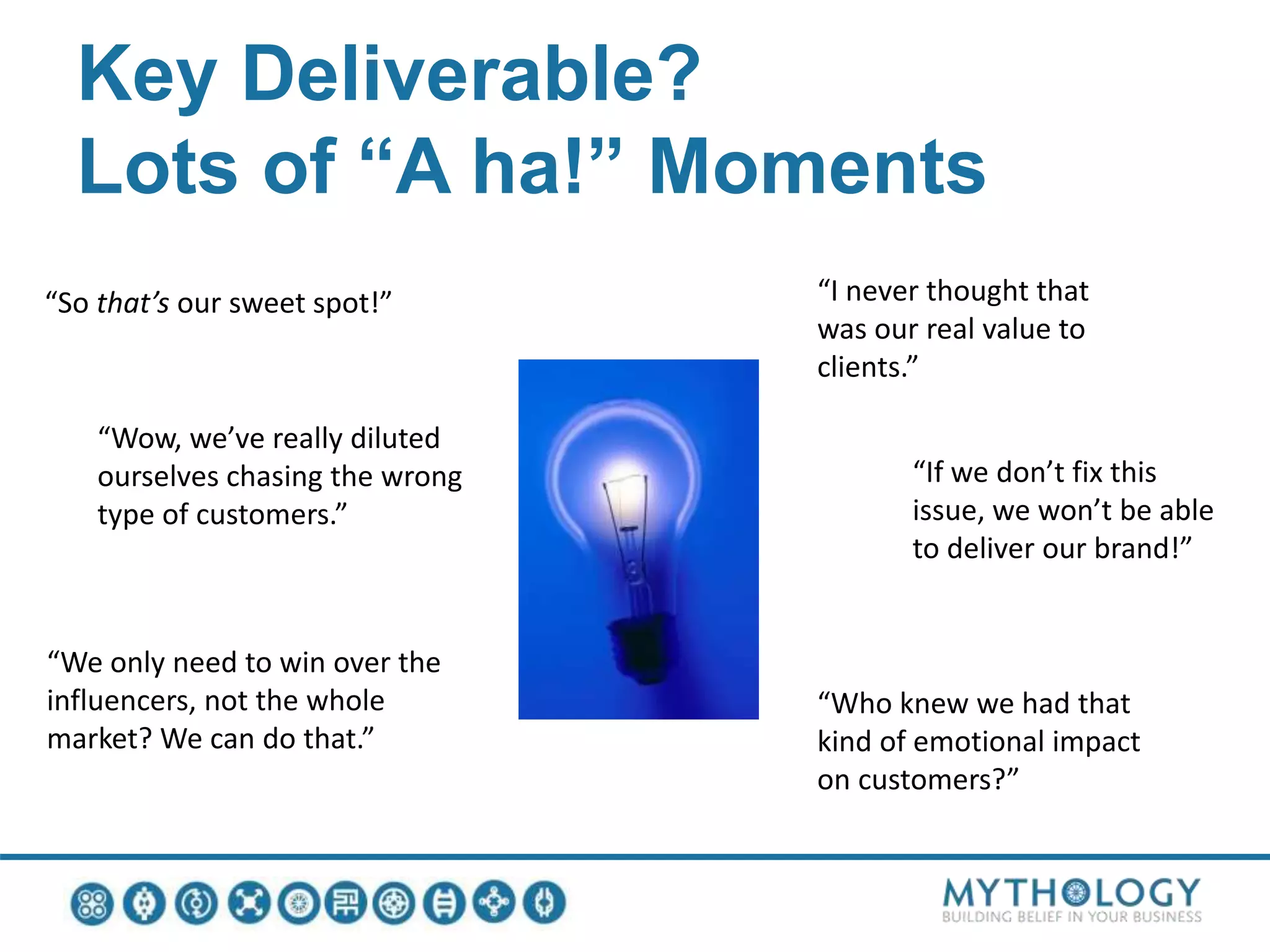 Key Deliverable?
Lots of “A ha!” Moments
“So that’s our sweet spot!” “I never thought that
was our real value to
clients.”
“If we don’t fix this
issue, we won’t be able
to deliver our brand!”
“Wow, we’ve really diluted
ourselves chasing the wrong
type of customers.”
“We only need to win over the
influencers, not the whole
market? We can do that.”
“Who knew we had that
kind of emotional impact
on customers?”
 