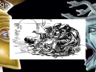 Their heads were human and they
had an eye which they take turns
with. They shared this by placing
it in their forehead for some time
then hand it to the other. They
have hands and arms beneath
their wings.
 