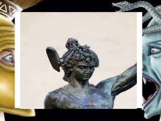 They showed him great kindness:
they welcomed him to their feast,
and the maidens dancing to the
sound of flute and lyre paused to
get for him the gifts he sought.
These were three: winged sandals,
a magic wallet which would
always become the right size for
whatever was to be carried in it,
and, most important of all, a cap
which made the wearer invisible.
 