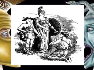 Another great divinity was at hand
to help. Pallas Athena stood
beside Perseus. She took off the
shield of polished bronze which
covered her breast and held it
out to him. “Look into this when
you attack the Gorgon,” she
said. “You will be able to see her
in it as in a mirror, and so avoid
her deadly power.”
 