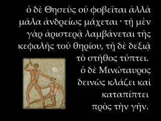 ὁ δὲ Θησεὺς οὐ φοβεῖται ἀλλὰ
μάλα ἀνδρείως μάχεται · τῇ μὲν
  γὰρ ἀριστερᾷ λαμβάνεται τῆς
κεφαλῆς τοῦ θηρίου, τῇ δὲ δεξιᾷ
             τὸ στῆθος τύπτει.
               ὁ δὲ Μινώταυρος
              δεινῶς κλάζει καὶ
                    καταπίπτει
                  πρὸς τὴν γῆν.
 