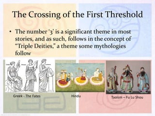 The Crossing of the First Threshold
• The number ‘3’ is a significant theme in most
stories, and as such, follows in the concept of
“Triple Deities,” a theme some mythologies
follow

Greek - The Fates

Hindu

Taoism – Fu Lu Shou

 