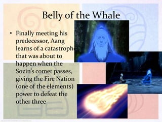 Belly of the Whale
• Finally meeting his
predecessor, Aang
learns of a catastrophe
that was about to
happen when the
Sozin’s comet passes,
giving the Fire Nation
(one of the elements)
power to defeat the
other three

 