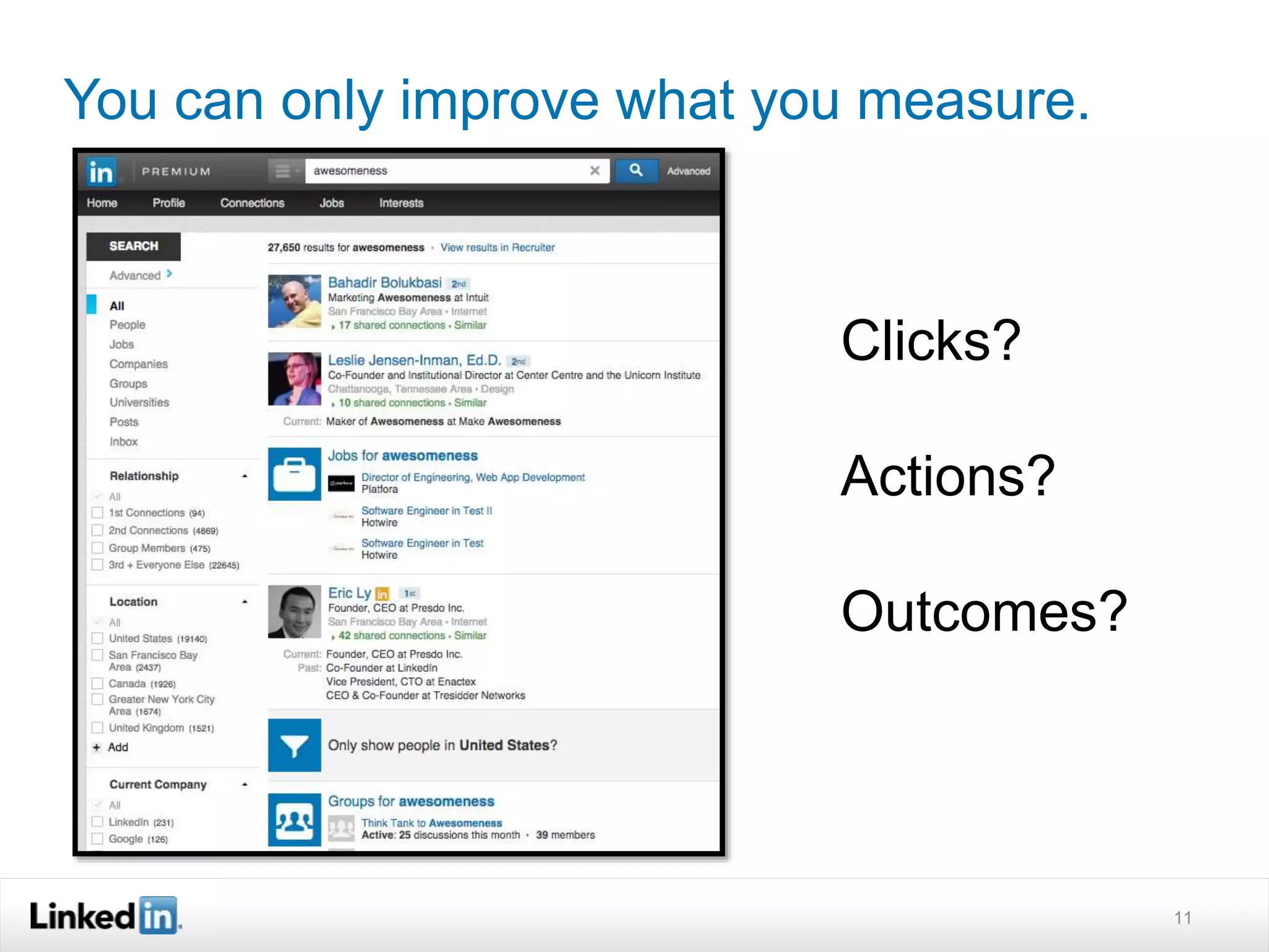 You can only improve what you measure. 
11 
Clicks? 
Actions? 
Outcomes? 
 
