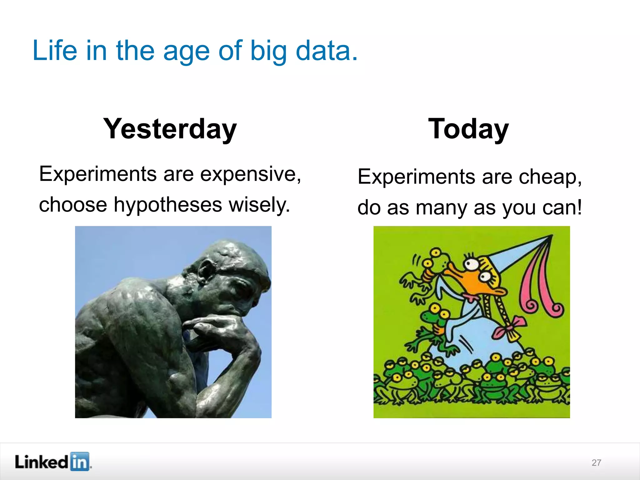 Life in the age of big data. 
Yesterday Today 
27 
Experiments are expensive, 
choose hypotheses wisely. 
Experiments are cheap, 
do as many as you can! 
 