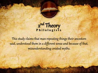 This study claims that man repeating things their ancestors
said, understood them in a different sense and because of that,
misunderstanding created myths.
2nd Theory
P h i l o l o g i s t s
 