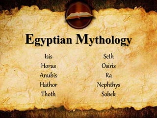 Egyptian Mythology
Isis
Horus
Anubis
Hathor
Thoth
Seth
Osiris
Ra
Nephthys
Sobek
 