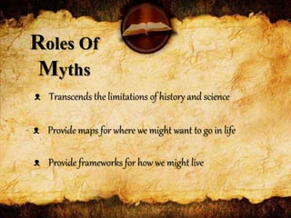 Roles Of
Myths
ᴥ Transcends the limitations of history and science
ᴥ Provide maps for where we might want to go in life
ᴥ Provide frameworks for how we might live
 