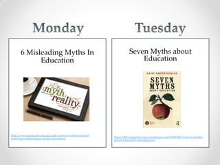 Seven Myths about
Education
https://thewingtoheaven.wordpress.com/2013/06/11/seven-myths-
about-education-introduction/
6 Misleading Myths In
Education
http://www.pinnacle.org.au/crash-course-evidence-based-
teaching/6-misleading-myths-education/
 