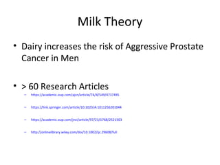 Milk Theory
• Dairy increases the risk of Aggressive Prostate
Cancer in Men
• > 60 Research Articles
– https://academic.oup.com/ajcn/article/74/4/549/4737495
– https://link.springer.com/article/10.1023/A:1011256201044
– https://academic.oup.com/jnci/article/97/23/1768/2521503
– http://onlinelibrary.wiley.com/doi/10.1002/ijc.29608/full
 