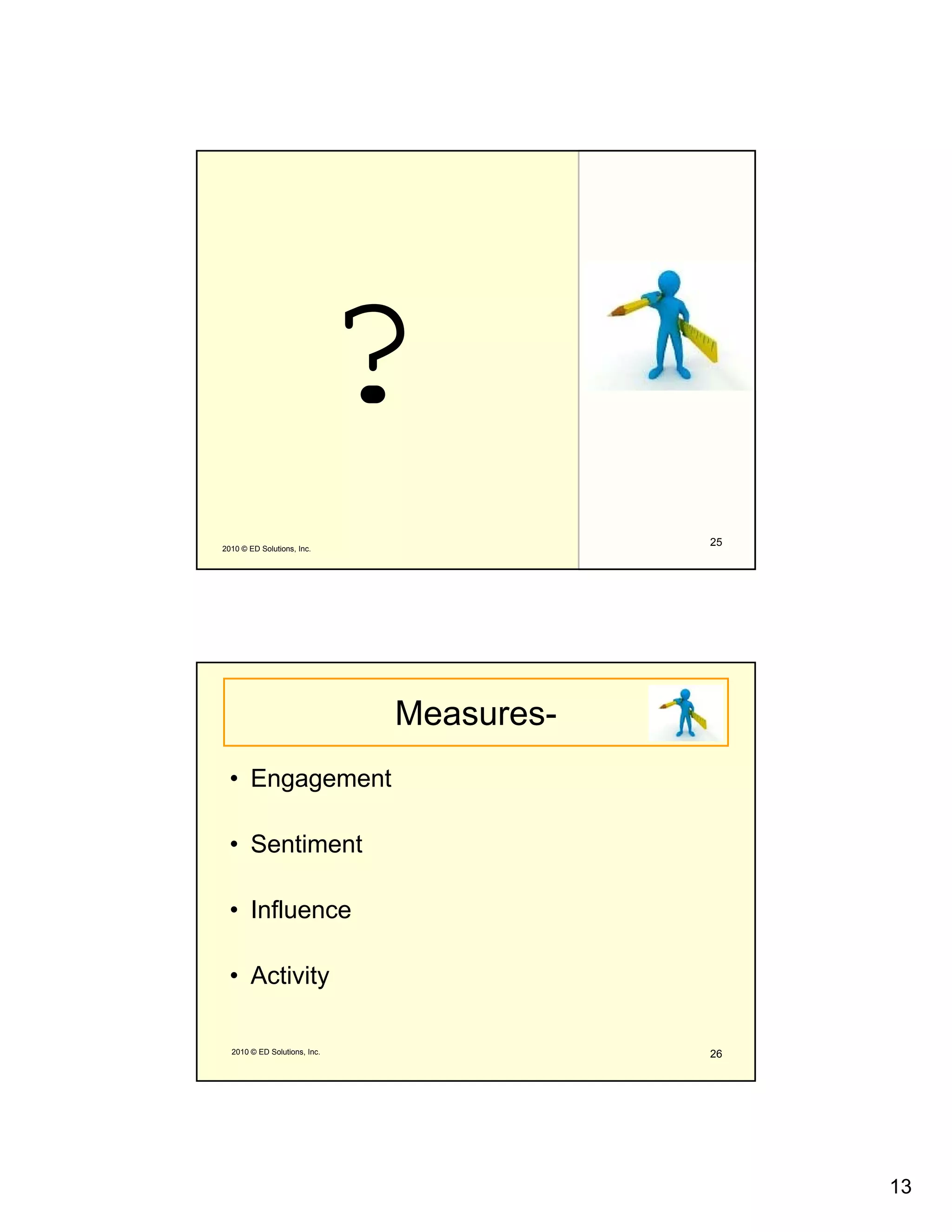 ?
2010 © ED Solutions, Inc.
                                          25




                              Measures-
  • Engagement

  • Sentiment

  • Influence

  • Activity

  2010 © ED Solutions, Inc.               26




                                               13
 