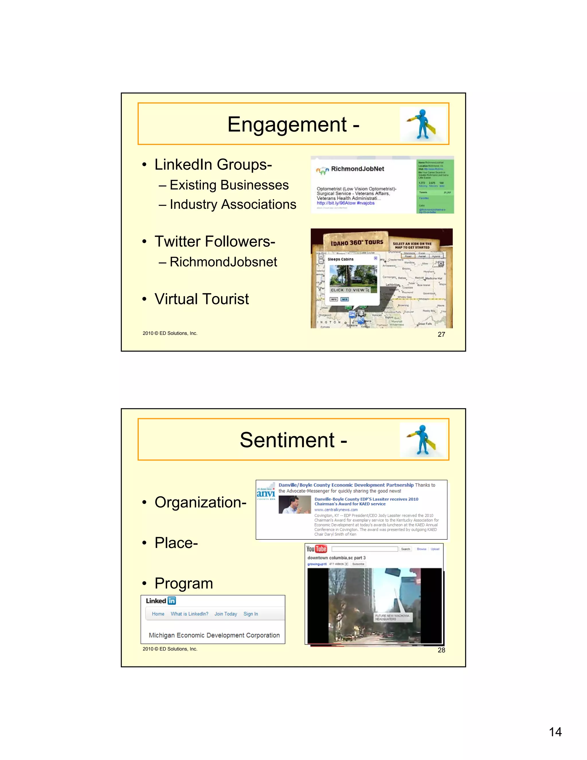 Engagement -
• LinkedIn Groups-
       – Existing Businesses
       – Industry Associations

• Twitter Followers-
       – RichmondJobsnet

• Virtual Tourist

2010 © ED Solutions, Inc.                  27




                             Sentiment -

• Organization-

• Place-

• Program



2010 © ED Solutions, Inc.                  28




                                                14
 