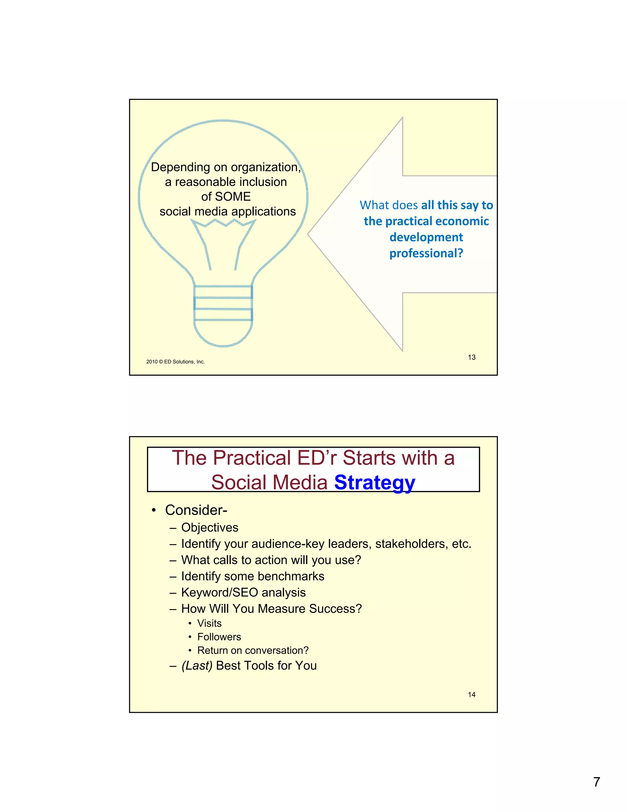 Depending on organization,
   a reasonable inclusion
          of SOME
  social media applications
                                               What does all this say to 
                                               the practical economic 
                                                    development 
                                                    professional?




2010 © ED Solutions, Inc.
                                                                   13




          The Practical ED’r Starts with a
              Social Media Strategy
  • Consider-
         –    Objectives
         –    Identify your audience-key leaders, stakeholders, etc.
         –    What calls to action will you use?
         –    Identify some benchmarks
         –    Keyword/SEO analysis
         –    How Will You Measure Success?
                 • Vi it
                   Visits
                 • Followers
                 • Return on conversation?
         – (Last) Best Tools for You

                                                                   14




                                                                            7
 