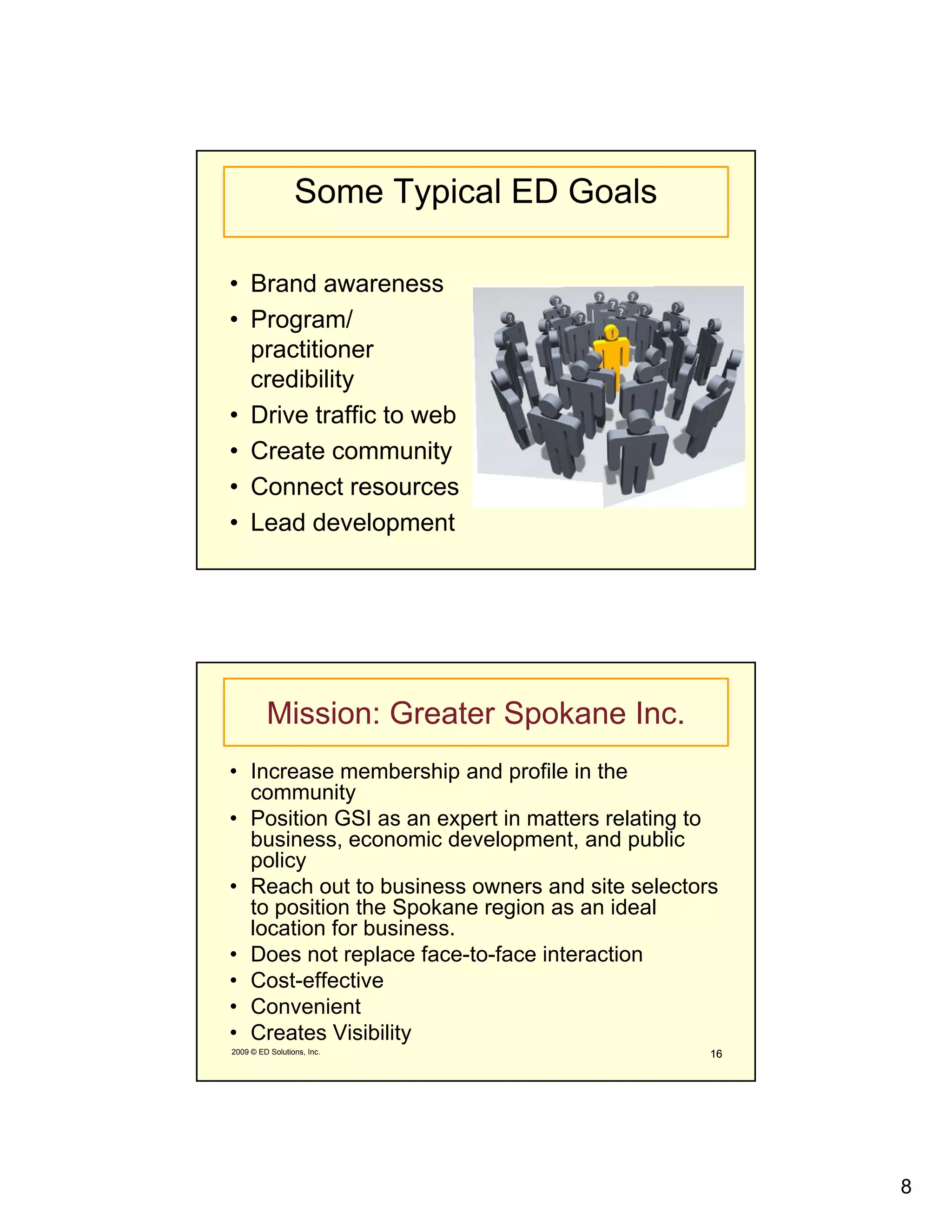 Some Typical ED Goals

• Brand awareness
• Program/
  practitioner
  credibility
• Drive traffic to web
• Create community
• Connect resources
• Lead development




         Mission: Greater Spokane Inc.
• Increase membership and profile in the
  community  y
• Position GSI as an expert in matters relating to
  business, economic development, and public
  policy
• Reach out to business owners and site selectors
  to position the Spokane region as an ideal
  location for business.
• Does not replace face-to-face interaction
• Cost-effective
• Convenient
• Creates Visibility
2009 © ED Solutions, Inc.                        16




                                                      8
 