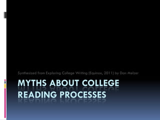 Synthesized from Exploring College Writing (Equinox, 2011) by Dan Melzer

MYTHS ABOUT COLLEGE
READING PROCESSES
 