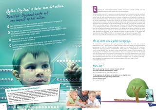 15 
14 
Mythe: Digitaal is beter voor het milieu. 
Realiteit: Digitaal heeft ook 
een impact op het milieu. 
1 Vele zeldzame en niet hernieuwbare grondstoffen worden aangewend 
voor de produktie van electronisch materiaal. 
2 Het gebruik van electronische toestellen verbruikt heel wat energie. 
Data centers hebben hun energieverbruik verdubbeld tussen 2000 en 2006 
en dit zal verviervoudigen tegen 2020. 
3 Electronisch afval is de snelst groeiende afvalstroom en groeit drie maal 
sneller dan de totale afvalberg. 
4 Kostbare electronische apparatuur eindigt vaak op de stortplaats, mede 
doordat slechts een heel klein deel van de apparatuur kan worden 
gerecycleerd. 
Niet hernieuwbaar en energieverslindend... 
“De ICT-industrie (Informatie en Communicatie Technologie) heeft een nadelige invloed op 
het milieu, ondanks alle positieve berichtgeving afkomstig uit deze sector. De ontwikkeling 
van ICT, met haar huidig groeiritme, legt momenteel reeds een zware hypotheek op het 
milieu: de vraag naar zeldzame grondstoffen voor de sector groeit aanzienlijk en kan niet 
verzoend worden met wat onze planeet kan leveren en recycleren. Wat zal er aan dit 
ritme overblijven voor de generaties na ons ?” 
Milieu-impact van ICT, Groupe EcoInfo, Edp Sciences 
lectronische communicatiemiddelen moeten aangewend worden omwille van hun 
doeltreffendheid en niet omwille van hun duurzaamheid. 
E 
De grondstoffen voor de ICT - apparatuur zijn eerder zeldzaam, zijn moeilijk te ontginnen, kostbaar 
om te produceren en ze zijn niet hernieuwbaar. De servers, de laptops en de iPhones worden 
nadien over de hele aardbol verzonden en worden aangedreven en gekoeld via energie van 
lokale electriciteitscentrales, die vaak nog draaien op basis van steenkool. Vooral de servers 
zijn echte energievreters. Volgens een studie van de Stanford University zouden de 500.000 
bestaande data centers in de wereld jaarlijks 30 miljard watt electriciteit verbruiken, zowat het 
equivalent van de produktie van 30 atoomcentrales. De energie, nodig voor het aandrijven van 
alle ICT over de hele wereld, slorpt nagenoeg 10 procent van het totale electriciteitsverbruik 
op en vertegenwoordigt meer dan 2 procent van de totale CO2 uitstoot. Dit is 50 procent meer 
dan de ganse luchtvaartsector. Daarenboven is de groei van de sector aanzienlijk en mede 
door de ontwikkeling van internet op de mobiele toestellen en de steeds groeiende vraag 
naar stockage van gegevens, zal de energieconsumptie nog sterk groeien. Er was reeds een 
verdubbeling tussen 2000 en 2006 en men verwacht een verviervoudiging tegen 2020. 
Bron: Gartner report 2007, IDC US and Worldwide Server Installed Base 2007-2011 Forecast, McKinsey Analysis 
Met een slechte score op gebied van recyclage… 
De electronische afvalberg is de snelst groeiende stroom van afval met een jaarlijkse 
toename van 3 tot 5 procent per jaar. Deze aangroei is drie keer sterker dan het gemiddelde 
percentage van alle afval. Volgens schattingen, wordt er in de wereld 20 tot 50 milloen ton 
electronisch afval op jaarbasis geproduceerd. Deze cijfers zijn indrukwekkend en worden 
mede aangezwengeld door de steeds kortere levensduur van de electronische apparaten. De 
recyclagegraad van electronische componenten is 13 procent, tegenover meer dan 70 procent 
voor de papierindustrie. Daar bovenop wordt electronisch afval niet meegenomen in het circuit 
van het klassiek afval en vereist het een specifieke en zeer technische aanpak. Electronisch 
afval vertegenwoordigt 2 procent van de afvalberg in kwantiteit, maar 70 procent in toxiciteit. 
Bron: Greenpeace,”The e-waste problem”2009, Commission Européenne, CEPI, Raud - Dugal J-P (2007). 
L’Inde, poubelle de la planète. 
Wist u dat ? 
Eén uur per week op Youtube evenveel energie verbruikt 
dan twee koelkasten die permanent werken. 
Bron: The Cloud Begins with Coal, Digital Power Group, 2013 
“In het algemeen, is de impact van het lezen van een digitale krant 
gedurende 30 minuten even hoog als het lezen 
van een papieren krant” 
Bron: Moberg A.”Et al”, 2007 
 