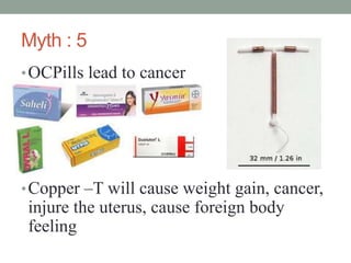 Myth : 5
•OCPills lead to cancer
•Copper –T will cause weight gain, cancer,
injure the uterus, cause foreign body
feeling
 