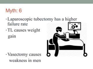 Myth: 6
•Laparoscopic tubectomy has a higher
failure rate
•TL causes weight
gain
•Vasectomy causes
weakness in men
 