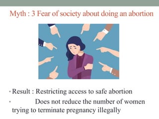 Myth : 3 Fear of society about doing an abortion
• Result : Restricting access to safe abortion
• Does not reduce the number of women
trying to terminate pregnancy illegally
 