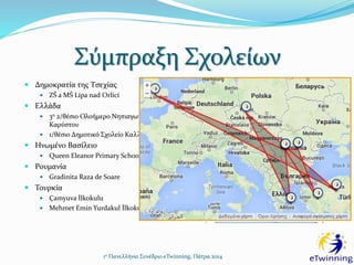 Σύμπραξη Σχολείων
 Δημοκρατία της Τσεχίας
 ZŠ a MŠ Lípa nad Orlicí
 Ελλάδα
 3ο 2/θέσιο Ολοήμερο Νηπιαγωγείο
Καρύστου
 1/θέσιο Δημοτικό Σχολείο Καλλιανών
 Ηνωμένο Βασίλειο
 Queen Eleanor Primary School
 Ρουμανία
 Gradinita Raza de Soare
 Τουρκία
 Çamyuva İlkokulu
 Mehmet Emin Yurdakul İlkokulu
1ο Πανελλήνιο Συνέδριο eTwinning, Πάτρα 2014
 