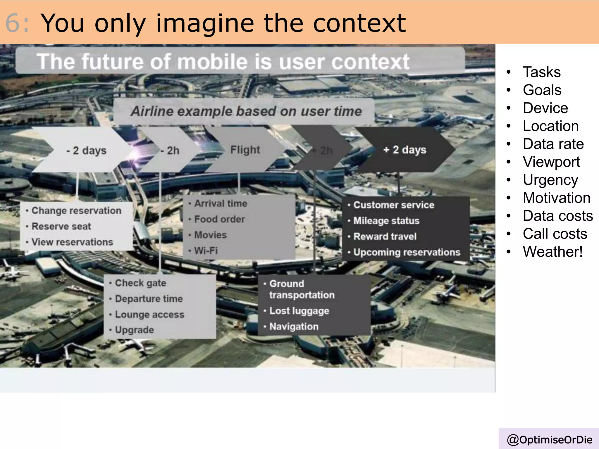 6: You only imagine the context
• Tasks
• Goals
• Device
• Location
• Data rate
• Viewport
• Urgency
• Motivation
• Data costs
• Call costs
• Weather!
@OptimiseOrDie
 