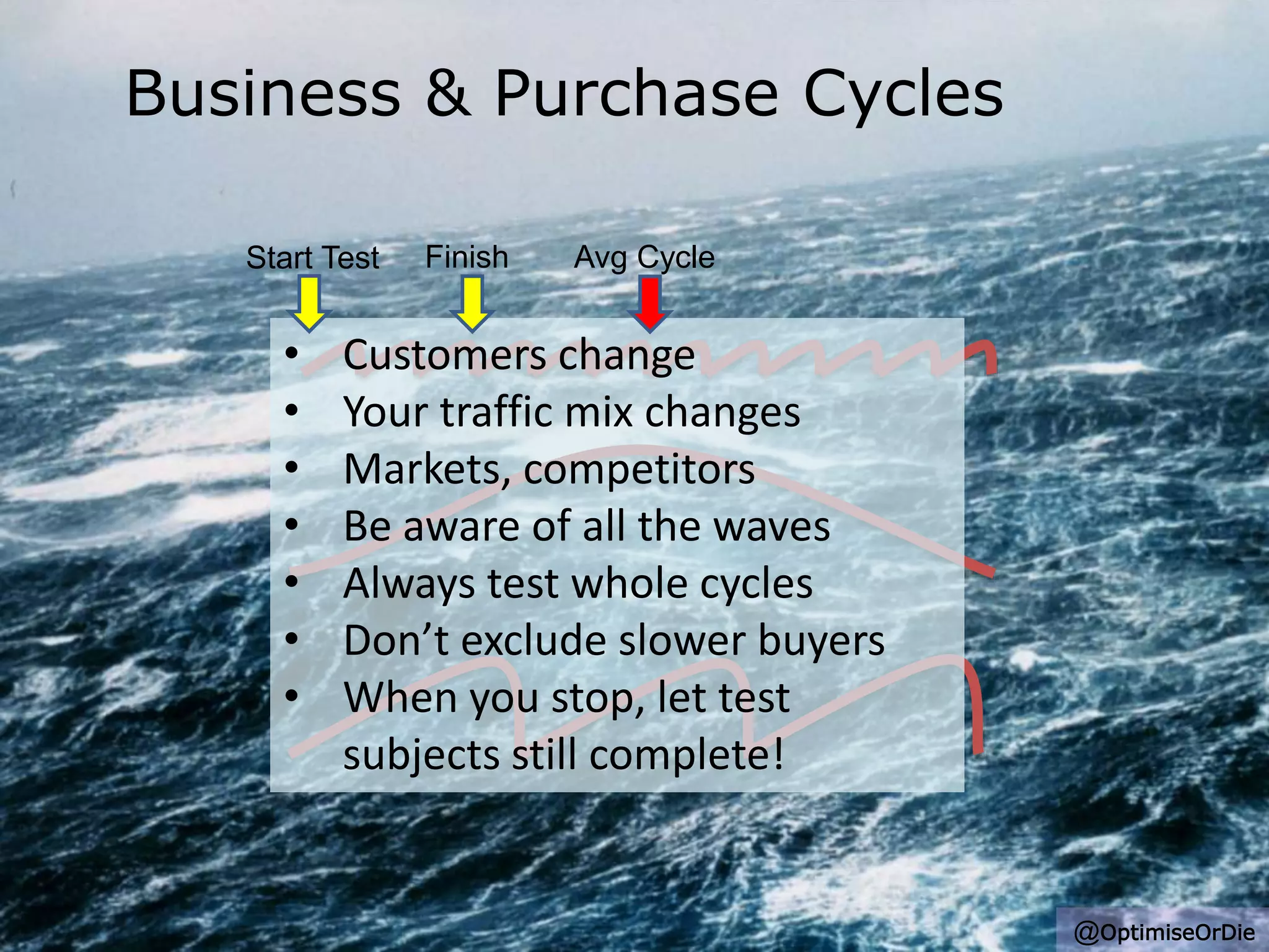 Business & Purchase Cycles
• Customers change
• Your traffic mix changes
• Markets, competitors
• Be aware of all the waves
• Always test whole cycles
• Don’t exclude slower buyers
• When you stop, let test
subjects still complete!
Start Test Finish Avg Cycle
@OptimiseOrDie
 