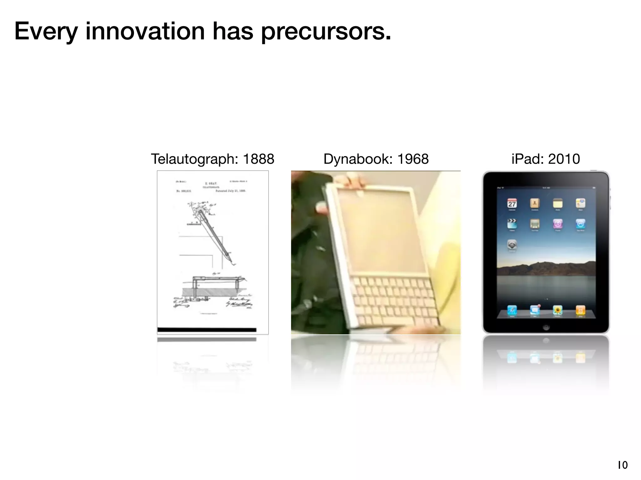 Every innovation has precursors.



           Telautograph: 1888   Dynabook: 1968   iPad: 2010




                                                              10
 