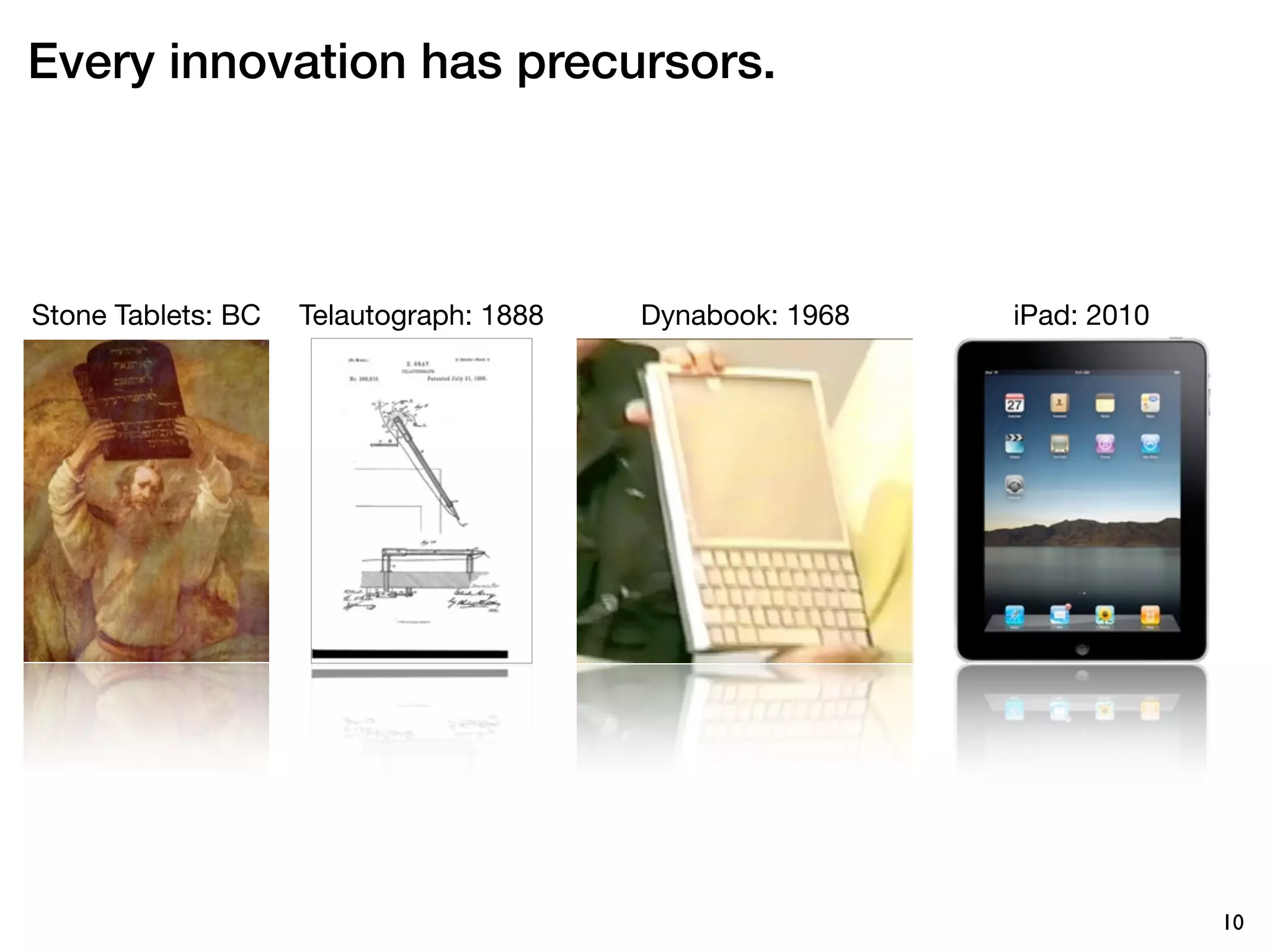Every innovation has precursors.



Stone Tablets: BC   Telautograph: 1888   Dynabook: 1968   iPad: 2010




                                                                       10
 